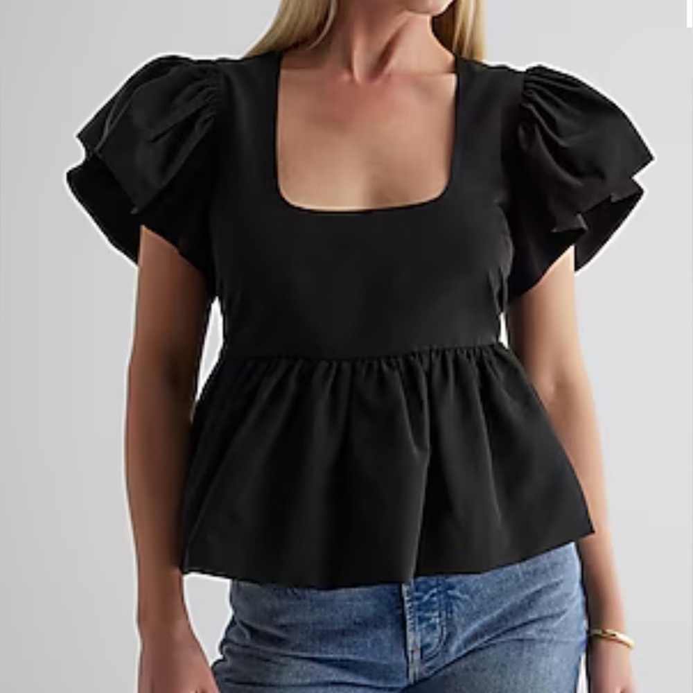 Express Square Neck Flutter Sleeve Peplum Babydoll Top Black Women XS NEW